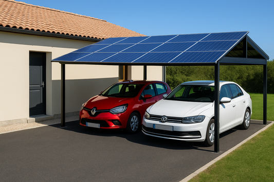 Pergola - car port solaire double pente avec éclairage 100% autonome.