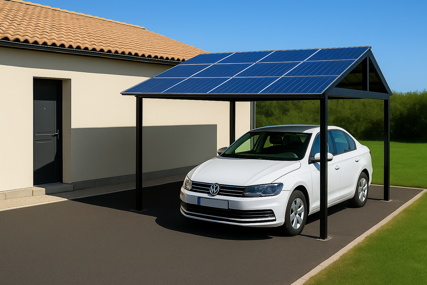 Pergola - car port solaire double pente avec éclairage 100% autonome.